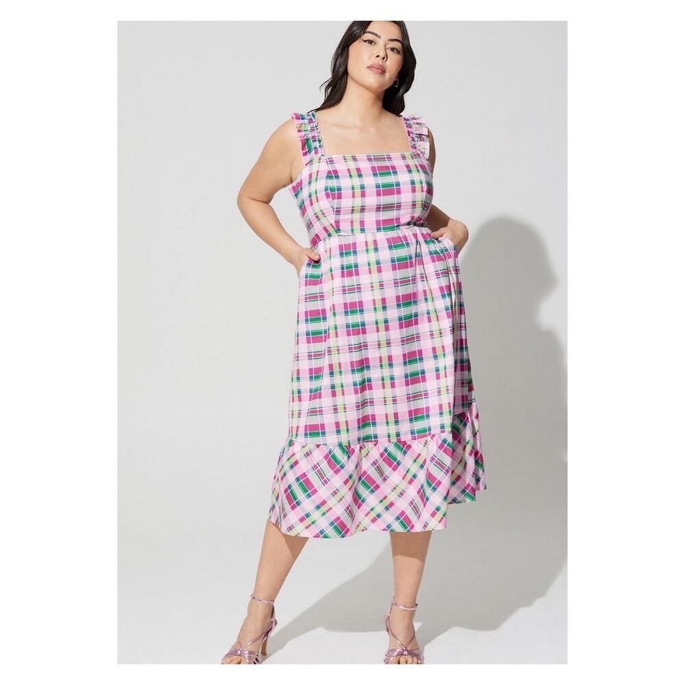 Torrid Pink&Green Plaid Poplin Tiered Ruffle Strap Midi Dress Sz.4 NWT